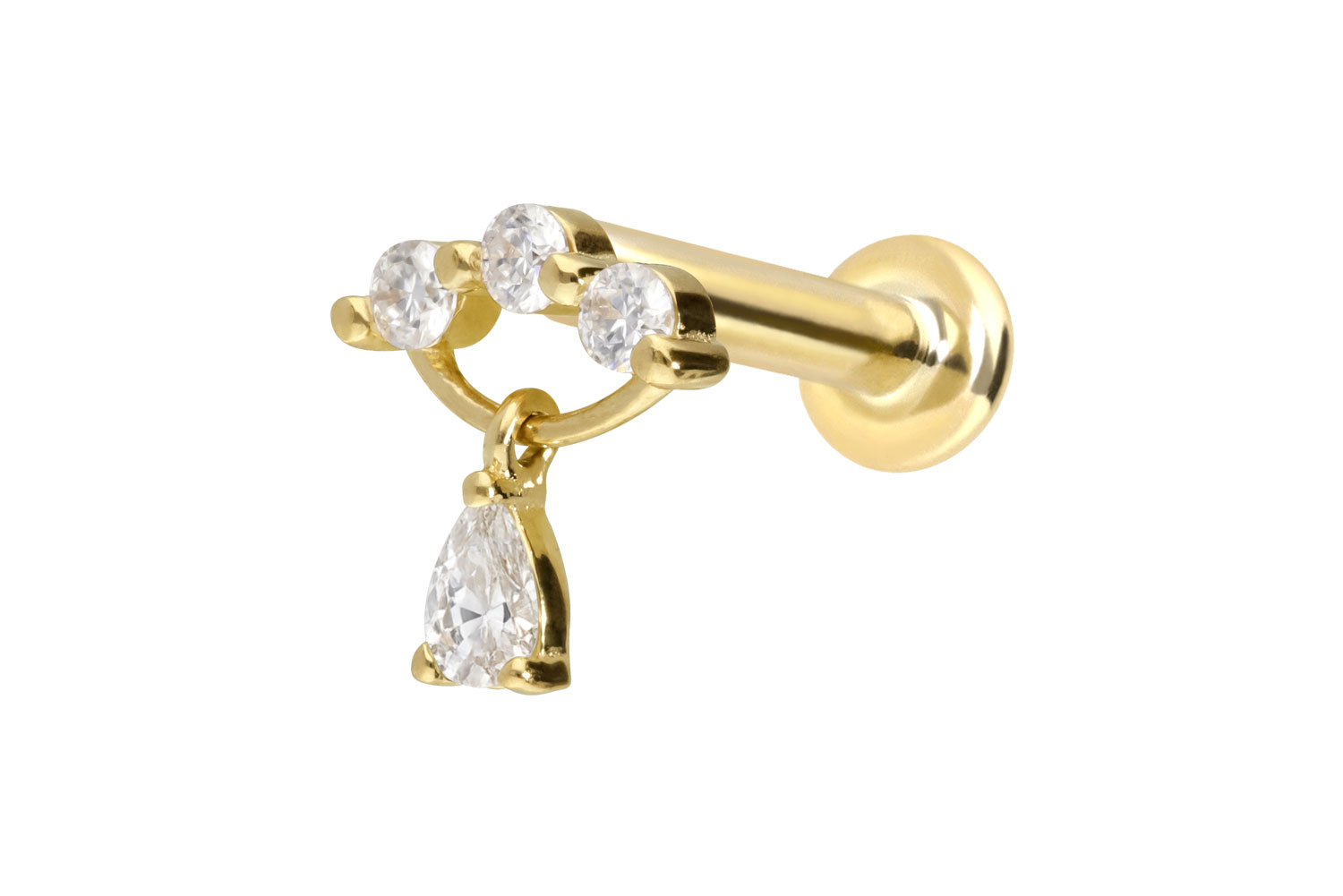 14 Karat Gold Labret Piercing mit Innengewinde MOISSANIT-BOGEN + MOISSANIT-TROPFEN